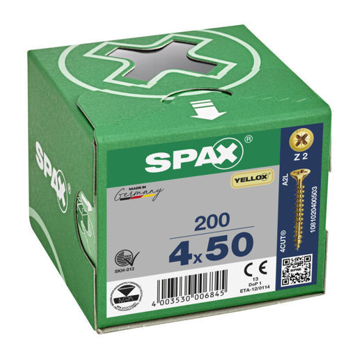 Picture of Box 200 4.0x50mm Y/P Spax CSK Pozi Wood Screws