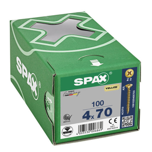Picture of Box 100 4.0x70mm Y/P Spax CSK Pozi Wood Screws