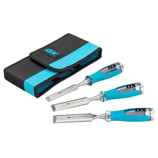 Picture of OX Pro 3 Piece Wood Chisel Set in Velcro Case – 13mm, 19mm & 25mm
