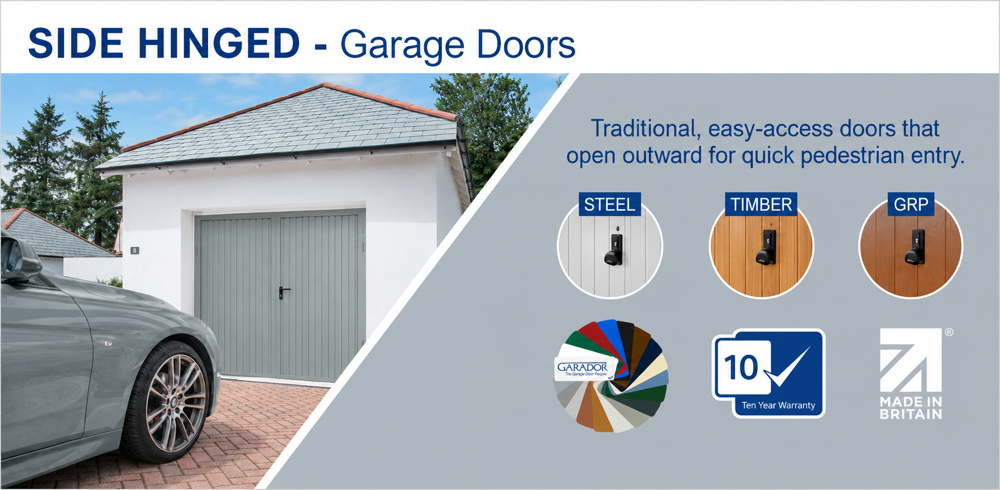 Garador Side Hinged garage doors available through Rose Building Supplies