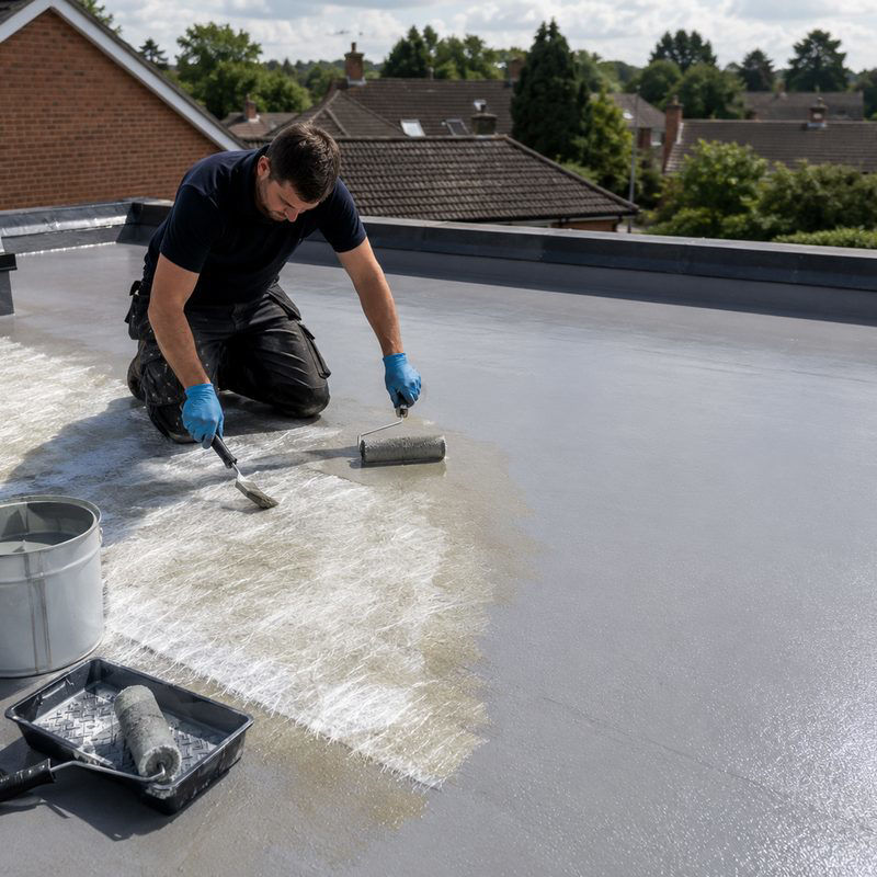 Installer applying GRP fibreglass roofing on a flat roof in Peterborough
